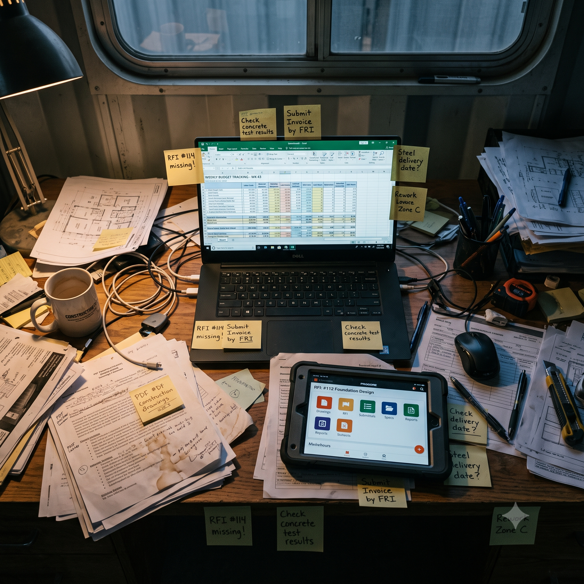 Cluttered construction office with fragmented data