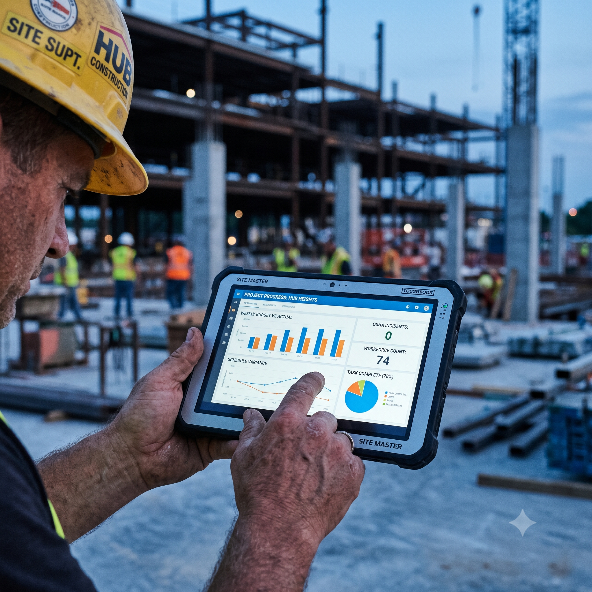 Construction superintendent reviewing data on tablet