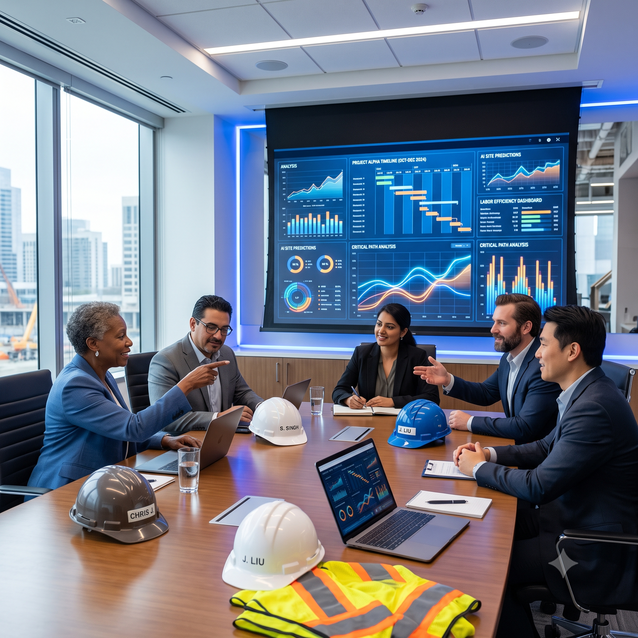 Construction executives reviewing AI analytics